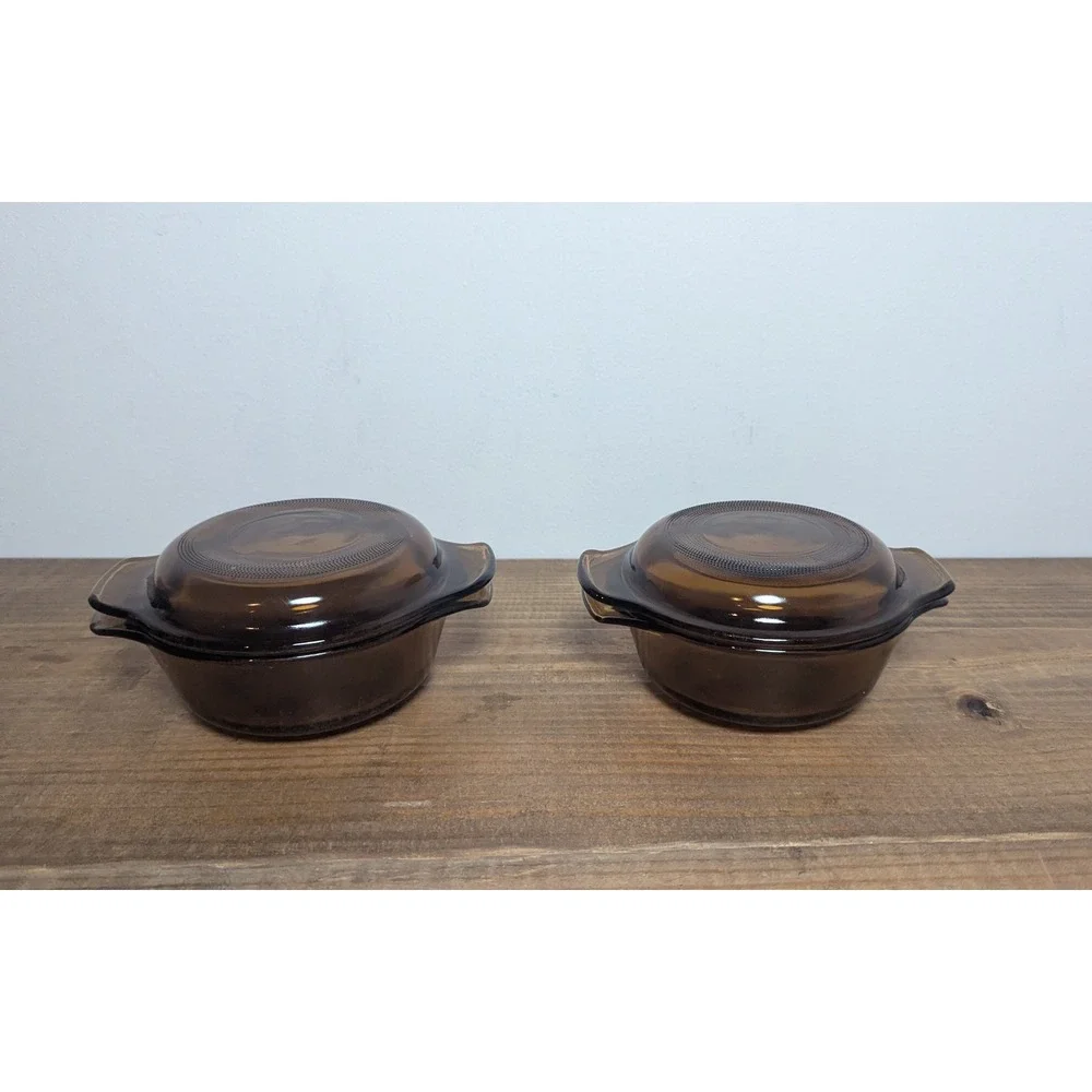Anchor Hocking Fire-King Amber‎ Glass 12oz Lidded Casserole Dish Set of 2 Brown